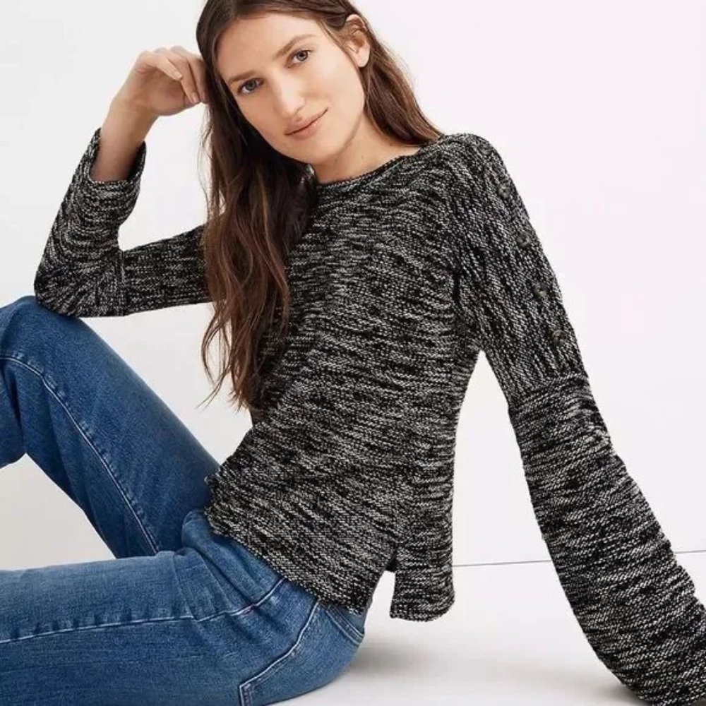 Madewell Black White Shoulder Buttons Dropped Shoulder Sweater Sm